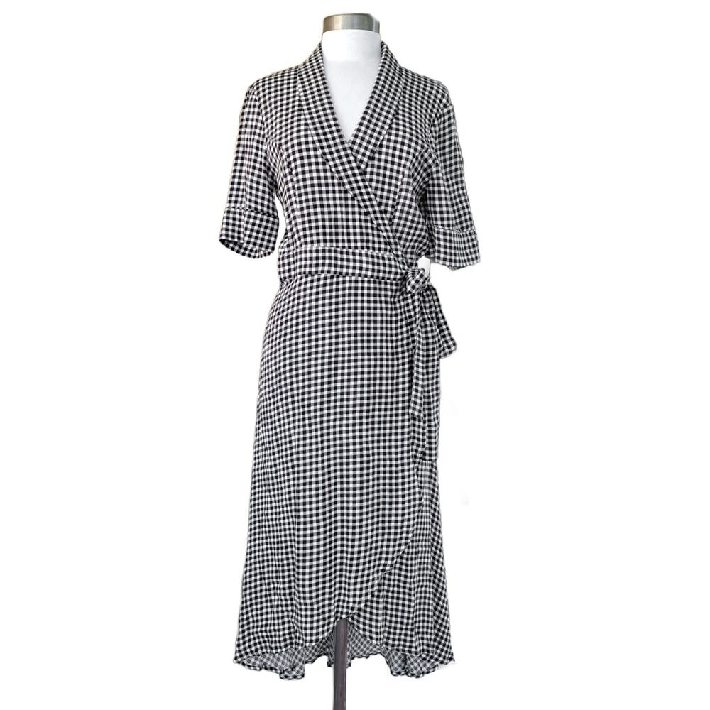 GANNI Black & White Gingham Check Midi Wrap Dress Size 40 (8 US) - Picture 2 of 13